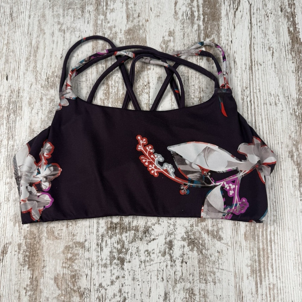 ATHLETA sz M Hyper Focused Sports Bra Purple‎ Floral Powervita Strappy Back